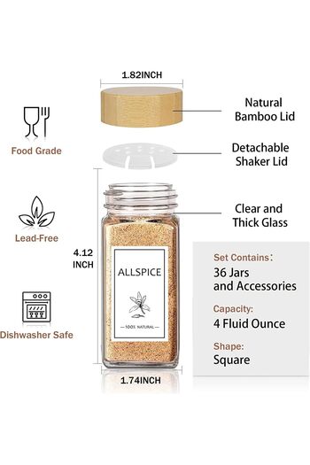 erorex 24 Pcs Spice Jars Labels 4Oz Glass Spice Jars Bamboo Lids Spices Container Set White Printed Spice