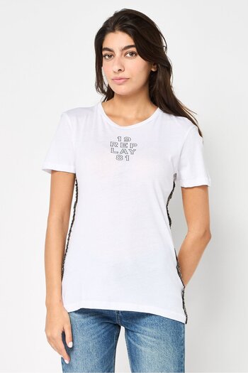 Replay Women Crew Neck Short Sleeve Graphic Print Top, White