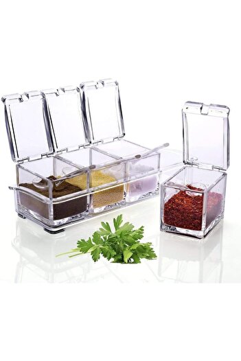 erorex Seasoning Acrylic Box Pepper Salt Spice Rack | Plastic 4 Pc Masala Box Spoons Kitchen See Through