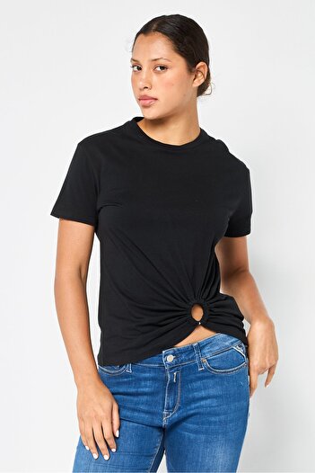 Replay Women Crew Neck Short Sleeves Solid Key Hole T-Shirt, Black
