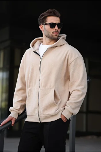 Madmext Beige Hooded Men's Fleece Cardigan E7168