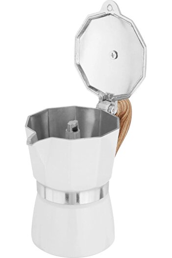 Alsaif Gallery Aluminum Espresso Coffee Maker With Wooden Handle, 3 Cups, 300 Ml - White