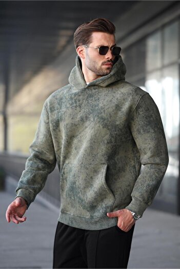 Madmext Khaki Patterned Hooded Men's Sweatshirt E7167