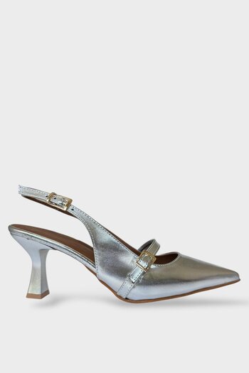 Liger Women's Single Strap Buckle Pointed Toe Open Back Heeled Shoes Silver