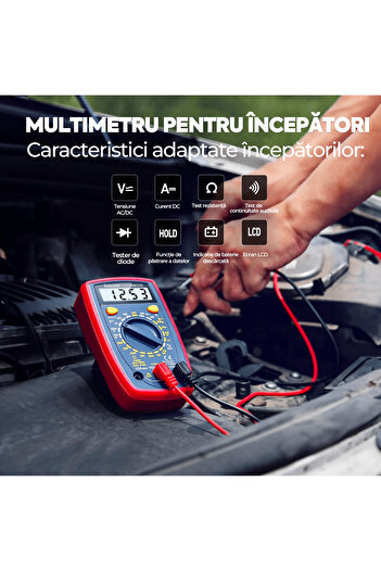 Elindor Multimetru digital pentru tensiune DC/AC, voltmetru, ohmetru, măsoară curentul și rezistența, roșu/albastru