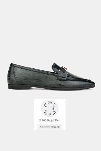 TUNAELLİ Women's Gray Patent Leather Natural Leather Buckle Flat Shoes, Size 36-41