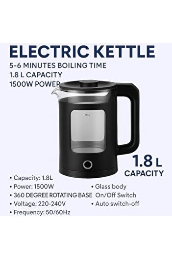 Biki Glass Electric Kettle 1.8 Liters – 1500 Watts, Fast Boiling, LED Indicator, Auto Shut-Off, 360°