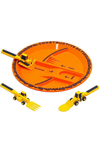 Elindor ® Children's Tableware Set - 5-compartment plate, fork and spoon, 4 pieces, Construction cars