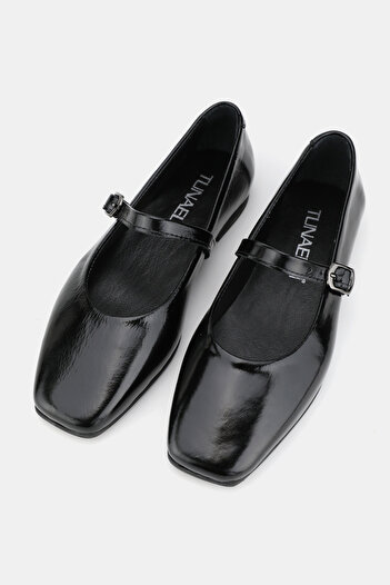 TUNAELLİ Women's Black Patent Leather Khaki Natural Leather Buckle Strap Ballet Shoes, Size 36-41