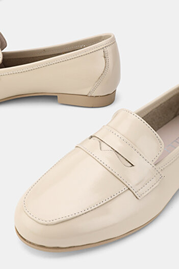 TUNAELLİ Women's Beige Patent Leather Khaki Natural Leather Loafer Ballet Shoes, Size 36-41