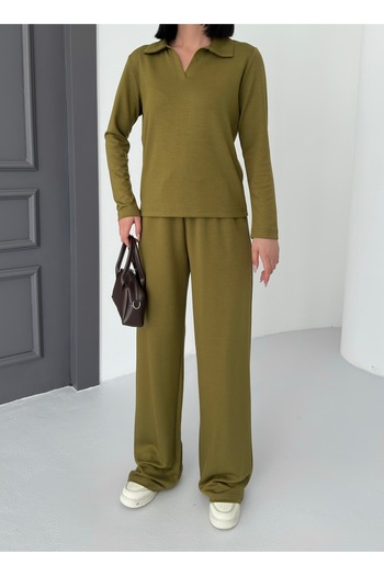 BEJNA Women's Khaki Modal Polo Neck Long Sleeve Soft Touch Sports Set