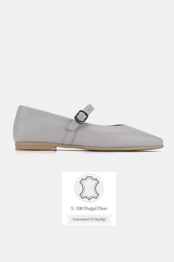 TUNAELLİ Women's Gray Khaki Natural Leather Buckle Strap Flat Shoes, Size 36-41