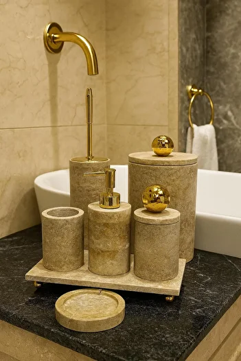 Modestmar Travertine bathroom set with round gold ball accessory ball footed 7 pieces