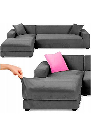 zola Velvet sofa cover 145-185 cm + pillowcase 45x45 cm, elastic, waterproof, dark gray