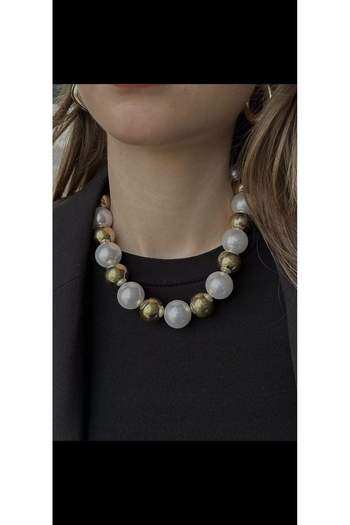Aylish Bijuteri Gold Round Steel Necklace with Big Pearl