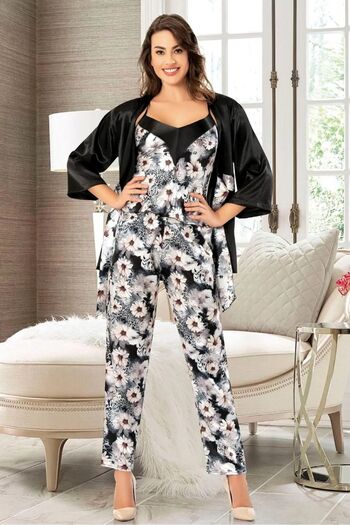 FAAL 4910 Women's Satin Dressing Gown with String Straps Pajama Set - Black