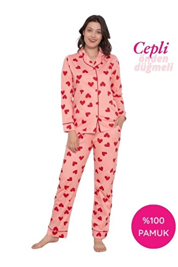 bie's Kadın Kalp Desen Gömlek Yaka %100 Pamuk Mevsimlik Uzun Kol Cepli Pijama Takımı