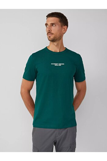 s.Oliver Men's T-shirt, Regular fit with scoop neck and text print, Dark green
