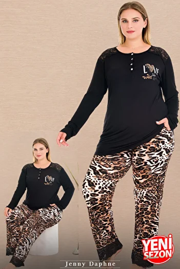 Jenny Daphne Leopard Print Lace Long Soft Pajamas Long Sleeve Button Collar Viscose Pajamas Set 11399