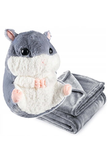 zola Hamster plush toy set with blanket, soft polyester, 50x28/160x110 cm, gray