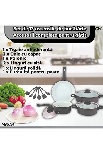 MACVI Set 13 Piese Macvi® pentru Gatit, Oale cu Capace, Antiaderenta si Rezistent la Temperatura, Negru