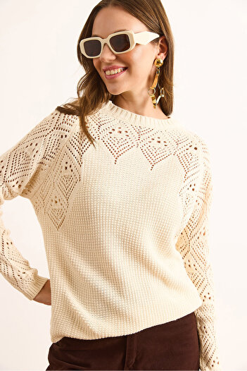 Olalook Women's Ecru Openwork Detailed Knitwear Blouse Blz-19003090