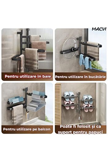 MACVI Suport prosoape Macvi rotativ negru fara gaurire cu brate mobile si carlig integrat