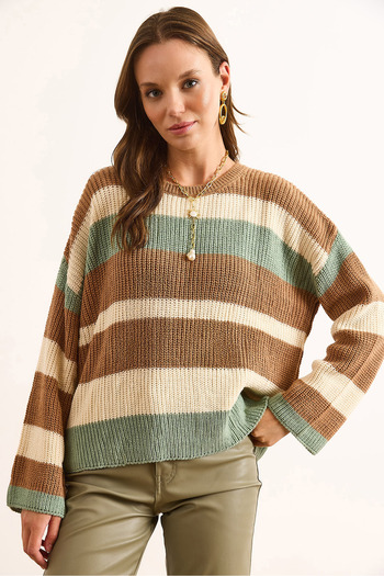 Olalook Women's Camel Crew Neck Thessaloniki Knitted Striped Sweater Kzk-19000976