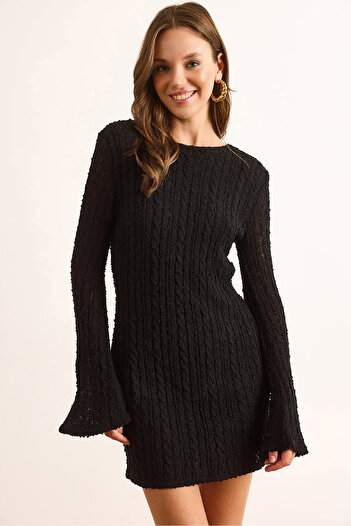 Olalook Women's Black Backless Spanish Sleeve Textured Mini Knitwear Dress Elb-19002536