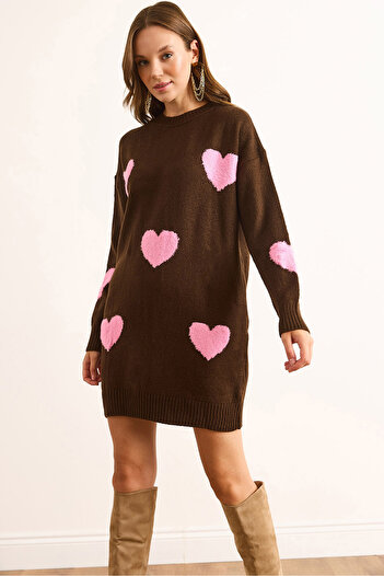 Olalook Women's Brown Heart Detailed Soft Textured Knitwear Tunic Dress Elb-19002284