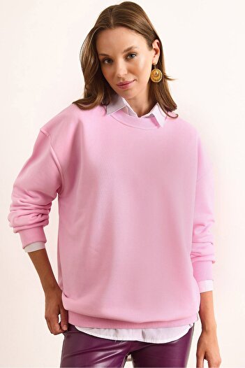 Olalook Women's Pink Stitching Detailed Thick Basic Sweatshirt Swt-19000725