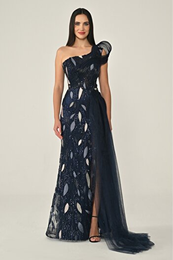 ALFABETA Ek Tulle Sequin Long Evening Dress with Shoulder Draping Alfa Beta
