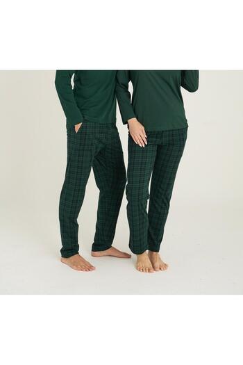 DÜVEN Plaid Patterned Green Unisex Cotton Pajama Bottoms with Pockets