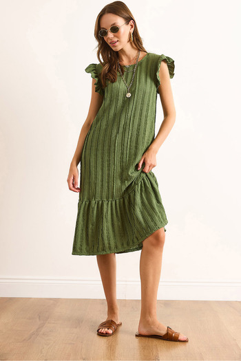 Olalook Women's Khaki Sleeve Skirt Ruffle Textured Midi Dress Elb-19002364