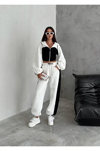 By Kuzey Aras Women's 2-Color Design Three-Thread Ribbed Fabric Loose Tracksuit Set