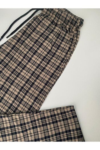 DÜVEN Plaid Patterned Camel Beige Unisex Cotton Pajama Bottoms with Pockets