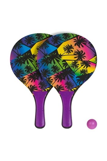 OEM Set 2 Beach Rackets with Ball Included, Black-Purple Palm Tree Design, 38x24cm – Summer Game for K