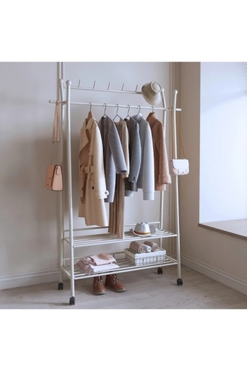 FOXMAG24 Portable Carbon Steel Hanger, Clothes & Shoes, 2 Shelves, 9 Hooks, 4 Wheels, 175x80x35cm, White