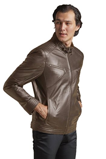Deriderim Brown Hector Hakim Collar Zippered Lined Men's Genuine Leather Coat