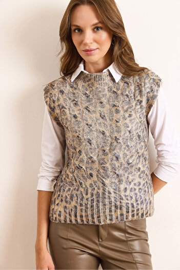Olalook Women's Gold Leopard Hair Braided Shiny Textured Knitwear Sweater Svt-00000048