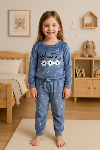 asiltr Girl's Velvet Long Sleeve Crew Neck Flower Pattern Pajamas Set