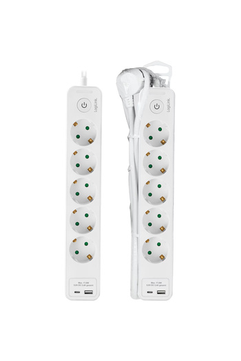 LogiLink LPS280U extension cord, 5 outlets, 1x USB-C, 1x USB-A, 17W, switch, overload protection