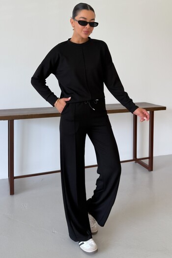 MODAGEN Women's Black Plain Crew Neck Top and Bottom Modal Tracksuit Set