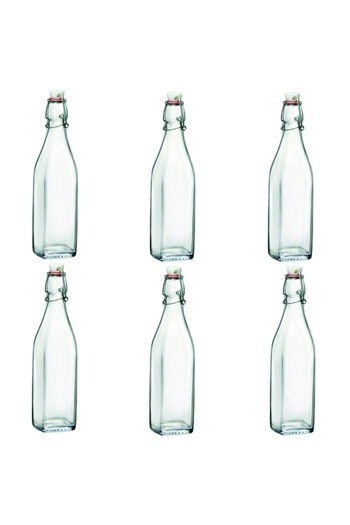 Bormioli Rocco Set of 6 rectangular BORMIOLI SWING bottles with airtight closure, 1000ml