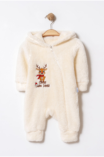Chicsy Baby Winter Sweet Reindeer Embroidered Hooded Welsoft Zippered Baby Jumpsuit