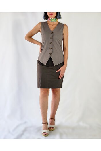 YAXİ V Neck Khaki Woven Vest Without Lining