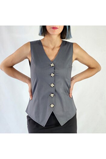 YAXİ V Neck Unlined Smoked Woven Vest