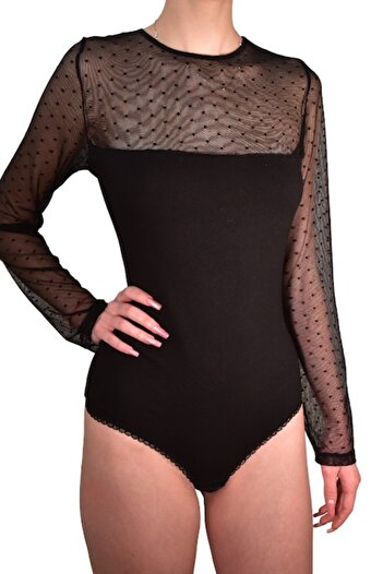LUAN Long sleeve bodysuit, Cotton and tulle, Classic panty, Black