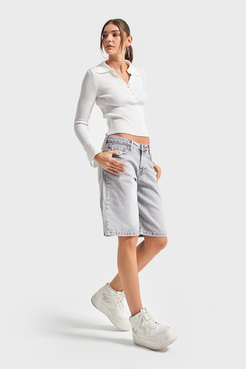 its basic Women's Gray Color 4S5-12 Baggy Bermuda Fit 100% Cotton Maxi Length Denim Shorts