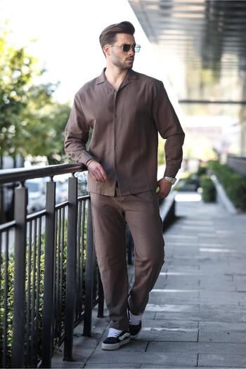 Madmext Brown Relaxed Fit Men's Linen Shirt Pants Set E7327